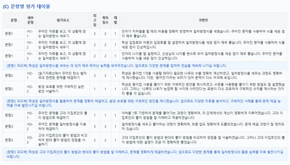 문항별 평가 테이블 — 평가요소와 최고점·획득점수·레벨, 문항마다 채점 근거 코멘트와 문항 피드백