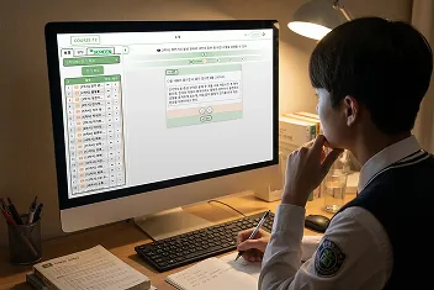 학생이 책상 앞 모니터로 MEGACOURSE 형성평가 문항을 풀며 공책에 필기하는 모습