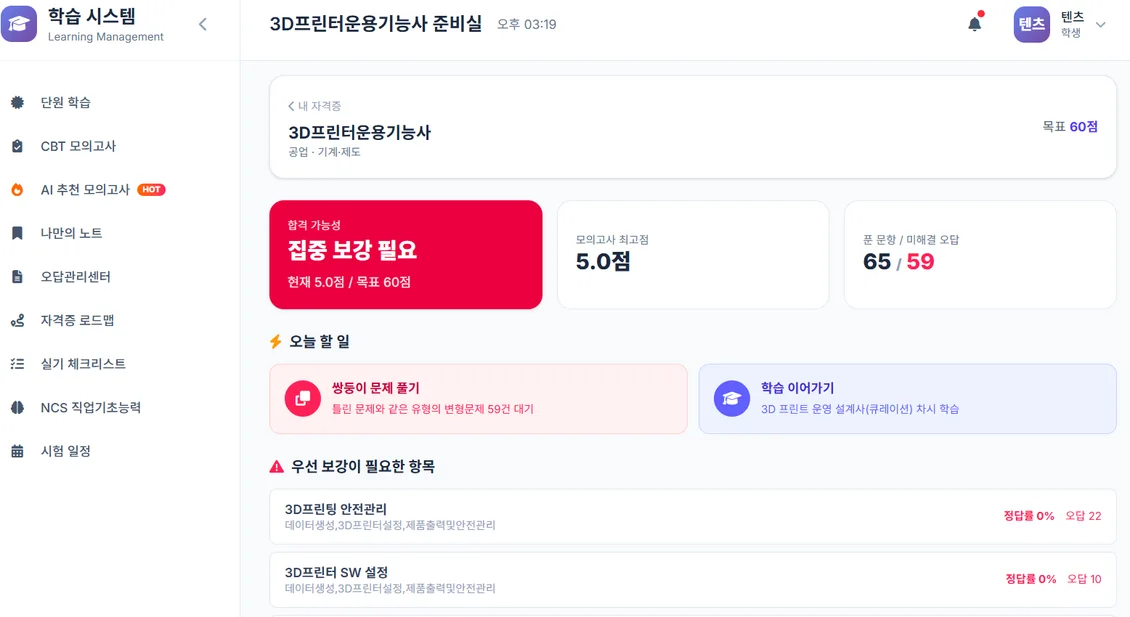 메가필기패스 학습 시스템 자격증 준비실 — 합격 가능성과 모의고사 최고점, 미해결 오답 수, 우선 보강이 필요한 항목별 정답률